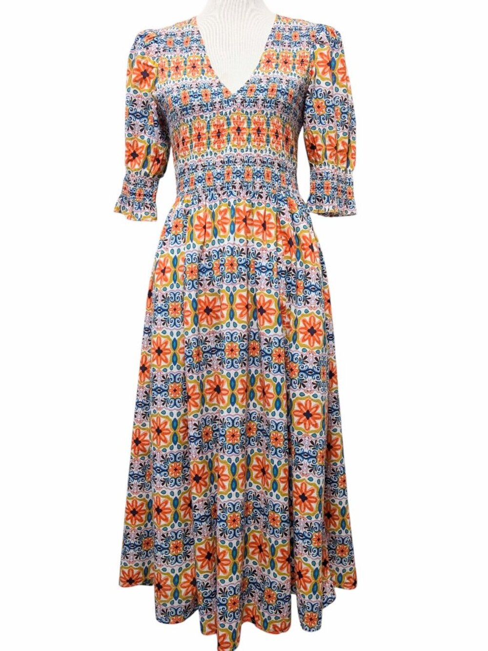 Boden Womens Sz 10R Floral Tapestry Smocked Bodice V-Neck Puff Sleeve Midi Dress